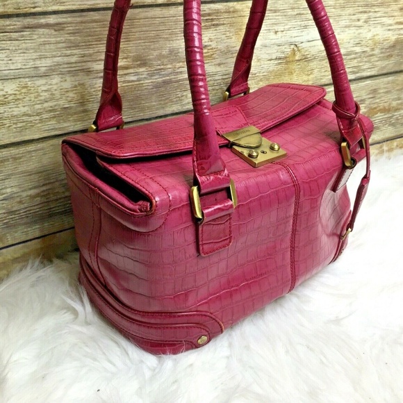 Oroton Pink Croc Embossed Leather Satchel Handbag